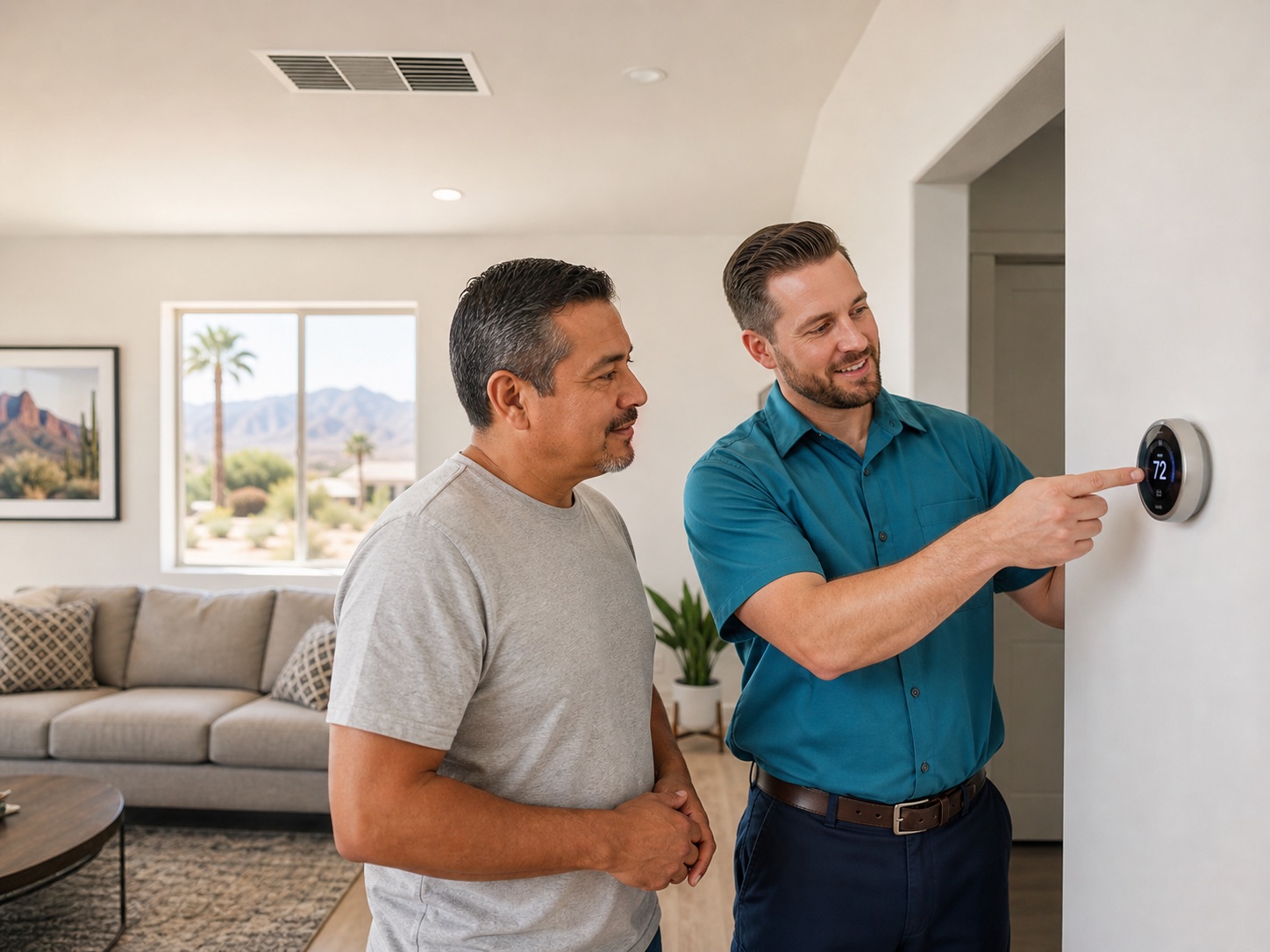Family relaxing in a cool Queen Creek living room while ceiling vents deliver conditioned air