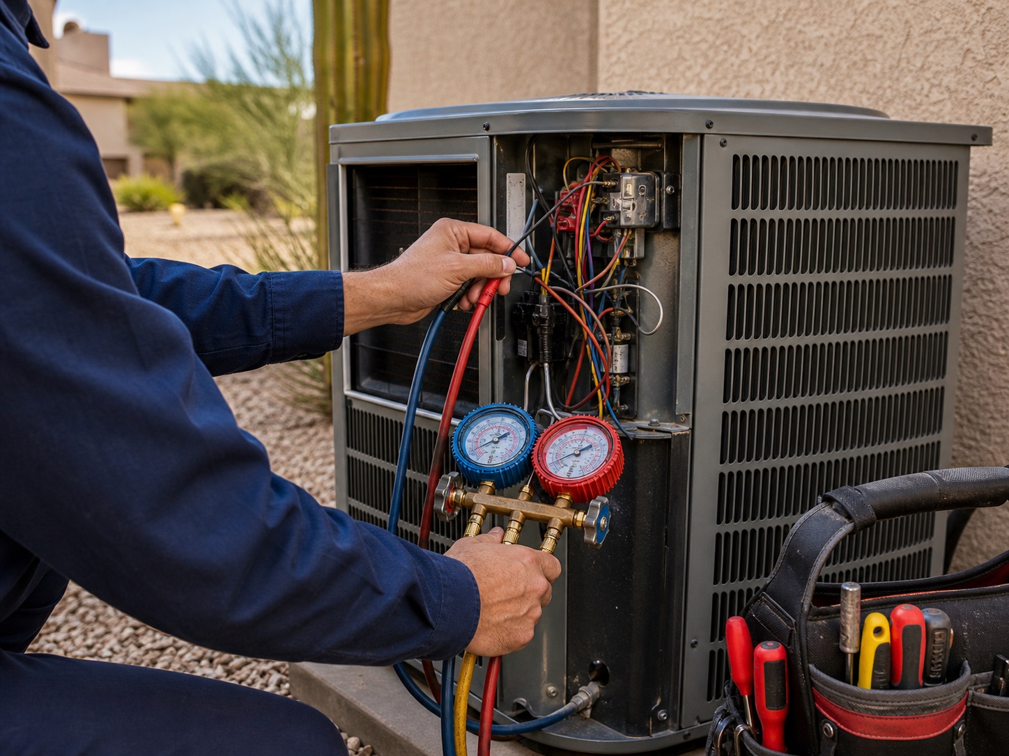 Technician carrying tools along a gravel-landscaped path to a Queen Creek home's side-yard AC unit at golden hour