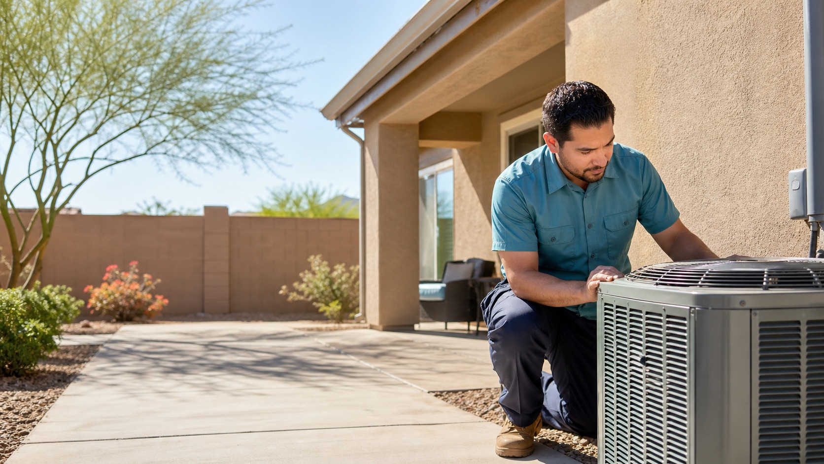 Friendly HVAC technician servicing a rooftop-adjacent AC condenser beside a stucco Queen Creek family home under desert sun